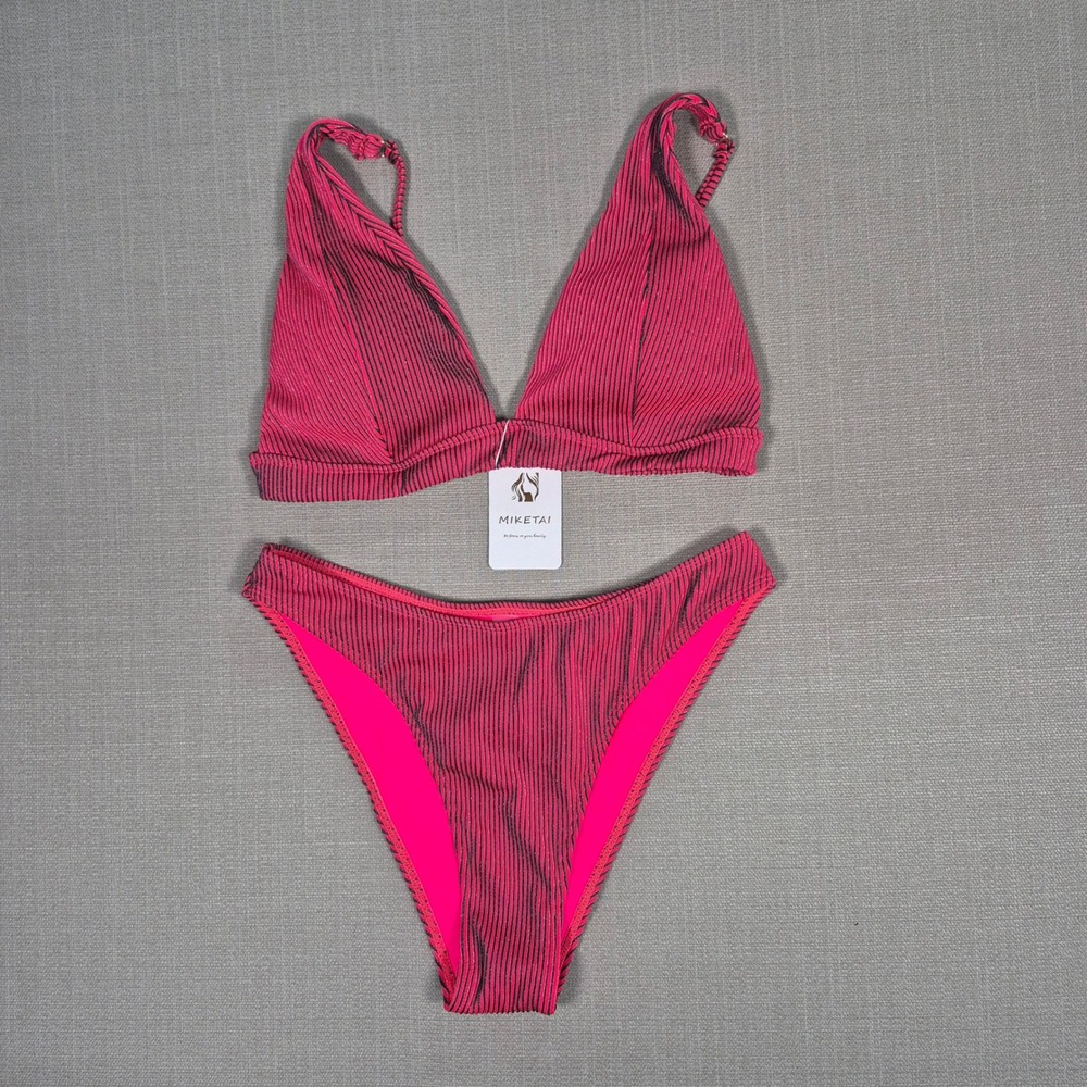 Miketai Womens Pink Black Striped Ribbed V Neck‎ Bikini Set Size M New